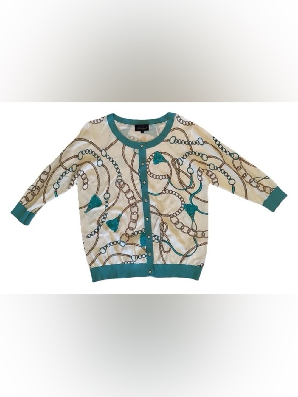 Luisa Spagnoli Cream Cardigan with Teal Trim and Chain Print